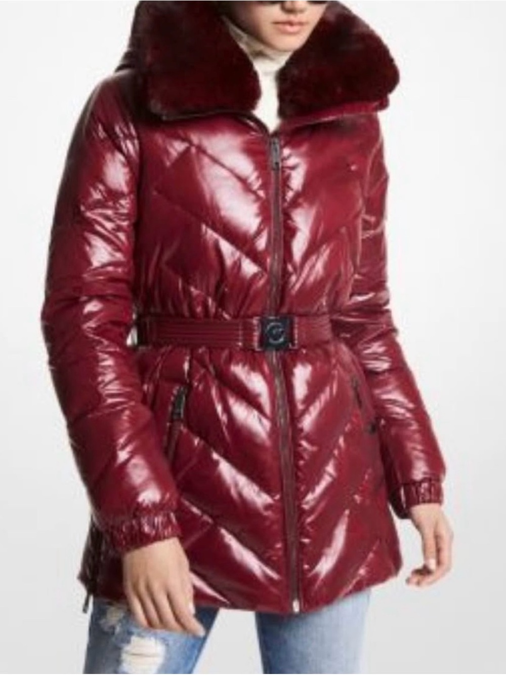 Michael Kors Glossy Burgundy Quilted Belted Puffer with Faux-Fur Collar